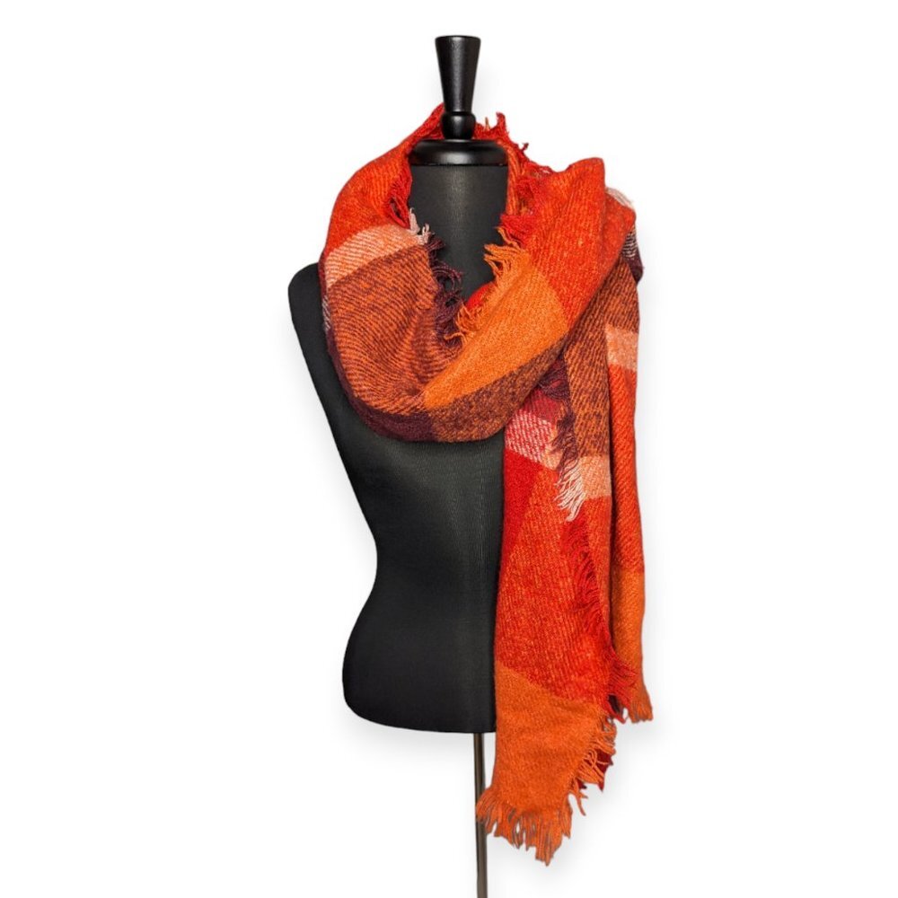 Orange/Red Plaid Fleece Wrap with Frayed Edge